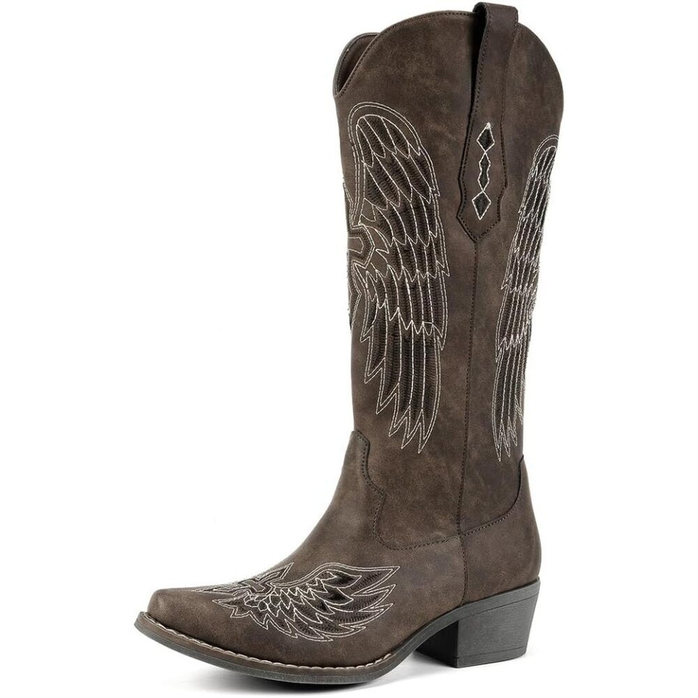 Women's Brown Gothic Cross & Angel Wing Embroidered Mid Calf High Boots